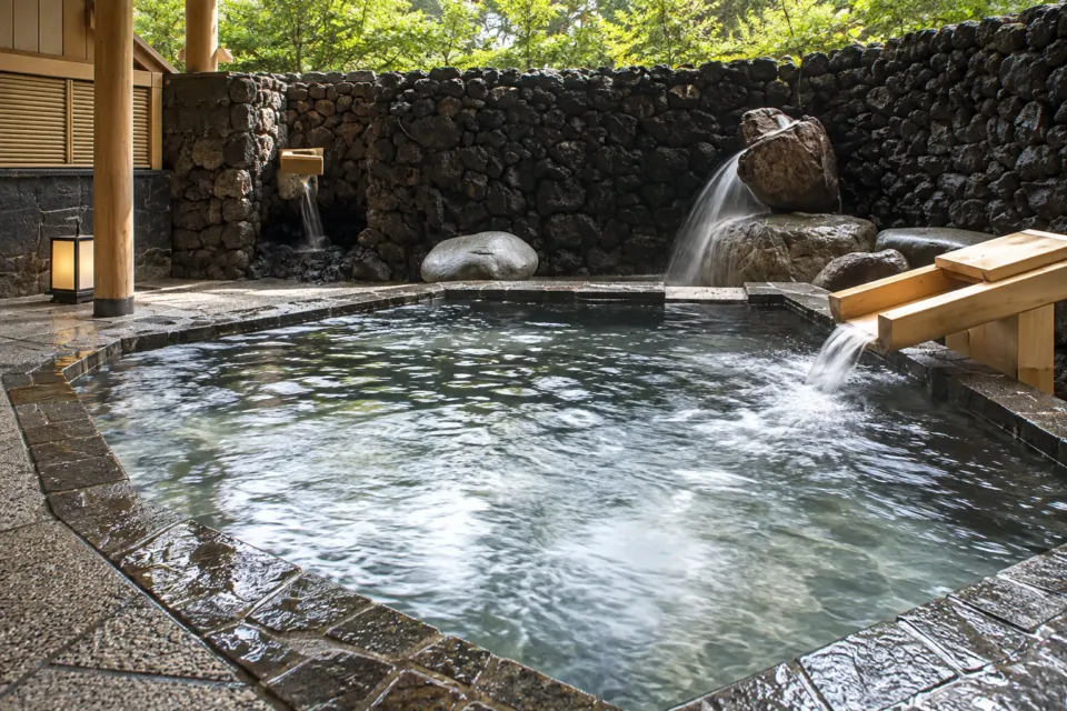 日光きぬ川ホテル三日月の木の湯口と石の浴槽