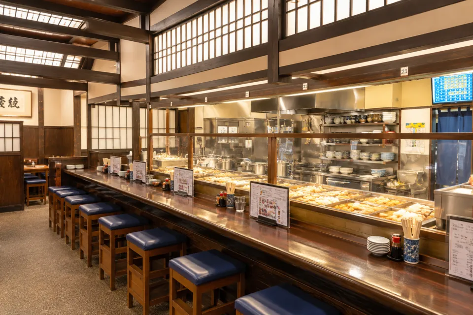 季節料理 おでん 黒百合の木のカウンターが並ぶ店内
