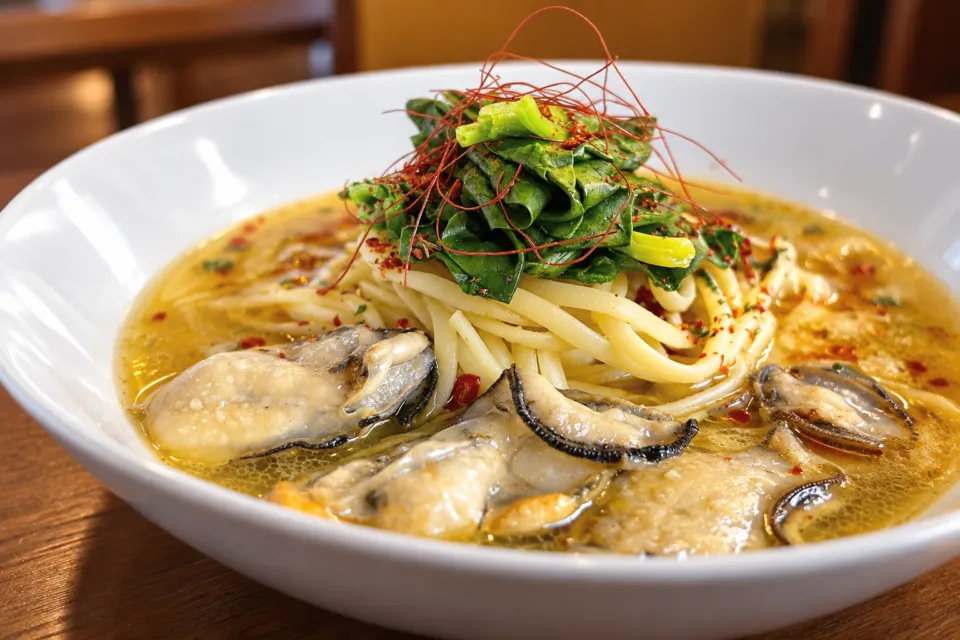 パスタ食堂アントロワの牡蠣と青菜のパスタ