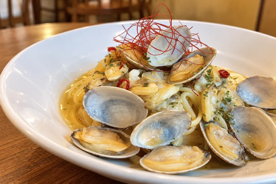 パスタ食堂アントロワのあさりをのせたパスタ