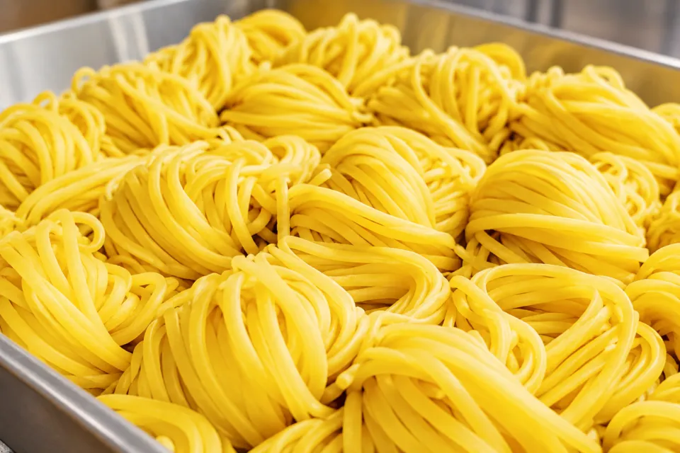 パスタ食堂アントロワの束ねて並べられた自家製生パスタ麺