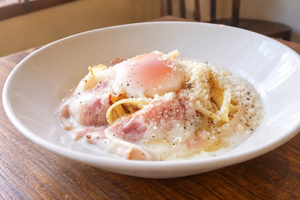 パスタ食堂アントロワの表町カルボナーラの生パスタ