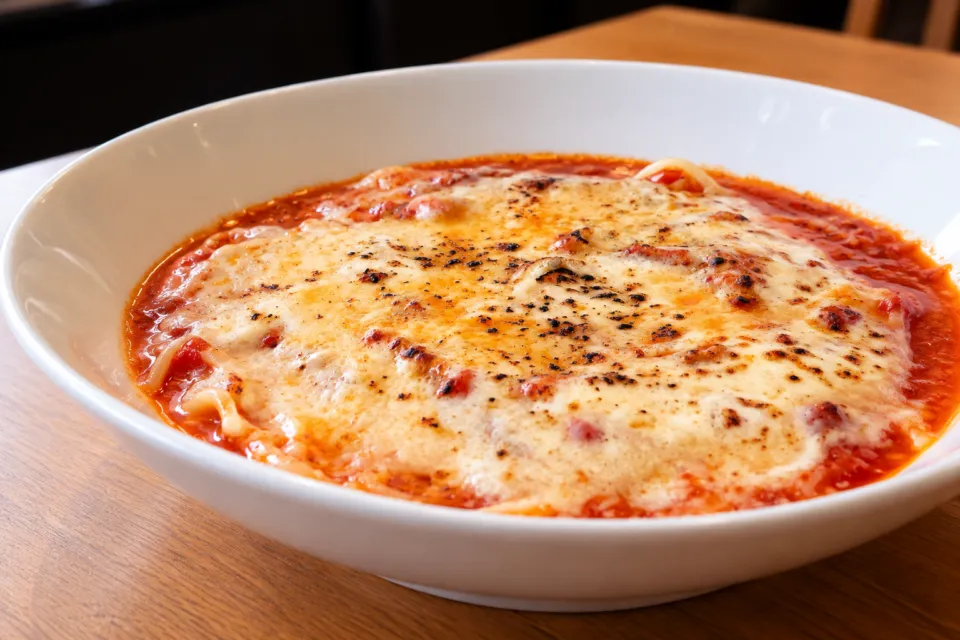 パスタ食堂アントロワのチーズをのせたトマトソースのパスタ