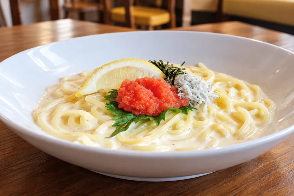 パスタ食堂アントロワの明太子としらすのクリームパスタ