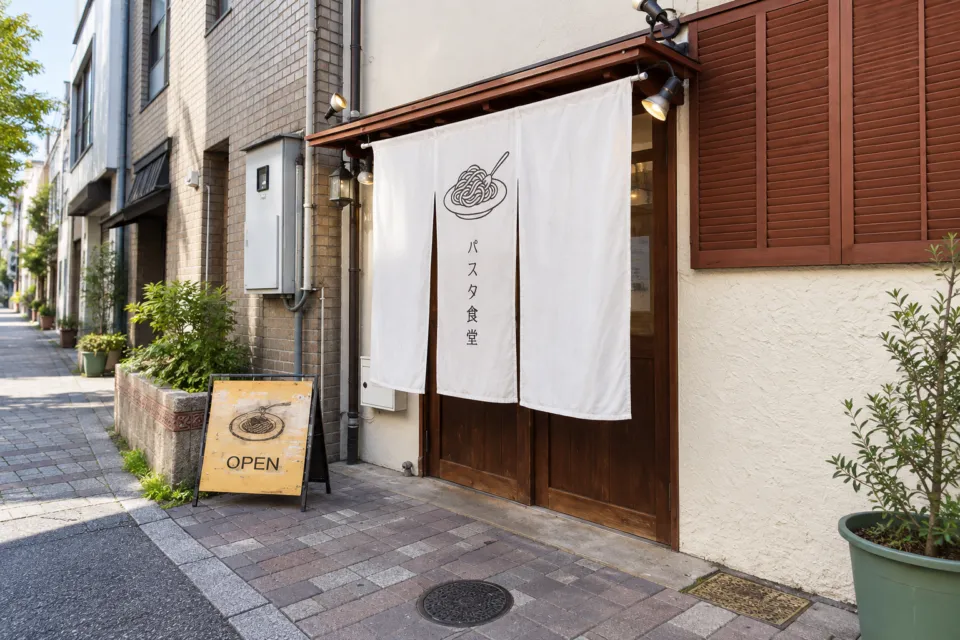 パスタ食堂アントロワの白い暖簾と店舗入口