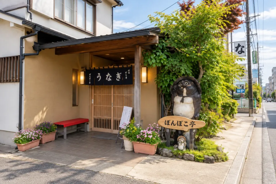 ぽんぽこ亭の正面入口とたぬきの看板