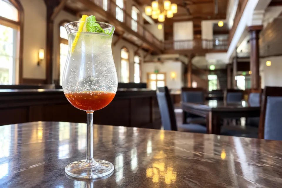 レストラン＆カフェ浪漫座のレモンとミントを添えた赤いシロップの炭酸ドリンク