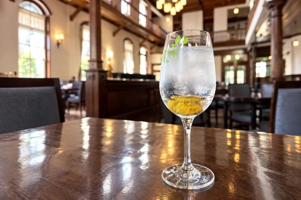レストラン＆カフェ浪漫座の黄色い果実を入れた炭酸ドリンク