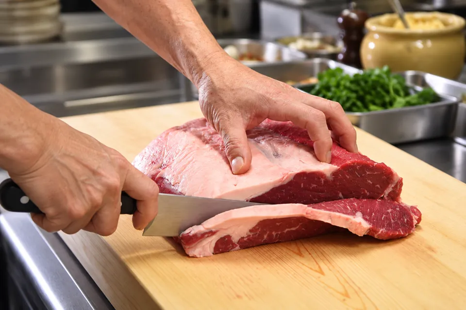 レストランHAMAのステーキ肉を切り分ける調理風景