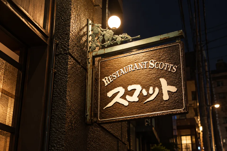 レストラン スコットの店名を記した屋外の看板