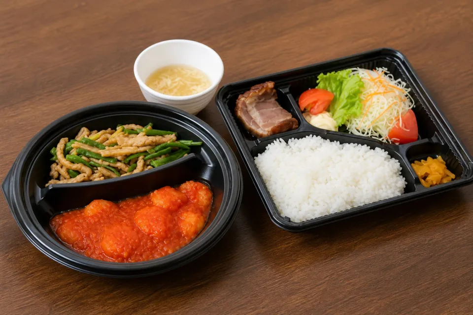 レストラン 東洋軒の海老チリと青椒肉絲の弁当