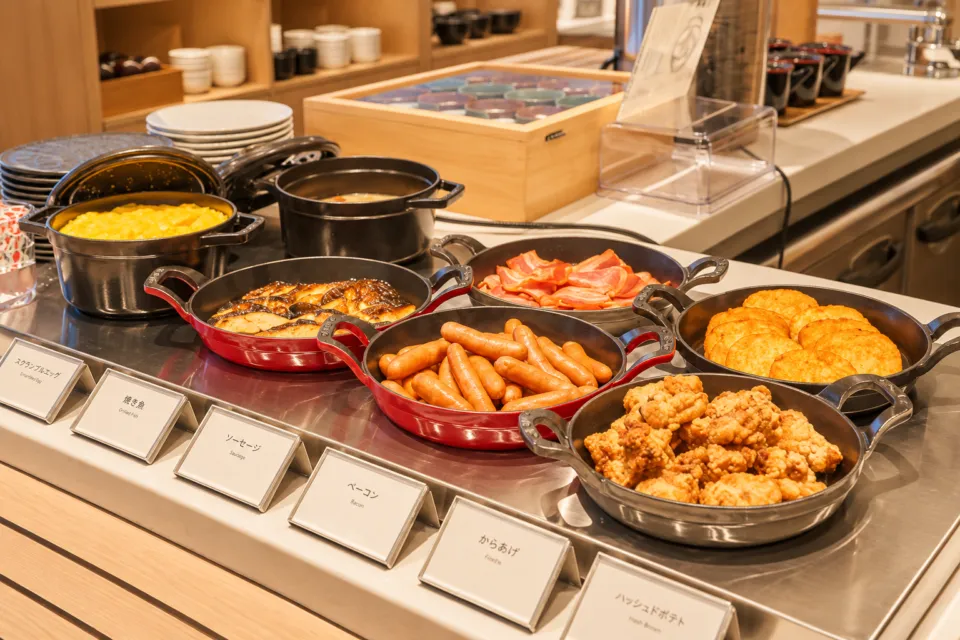 リッチモンドホテル福山駅前の朝食ビュッフェの料理台