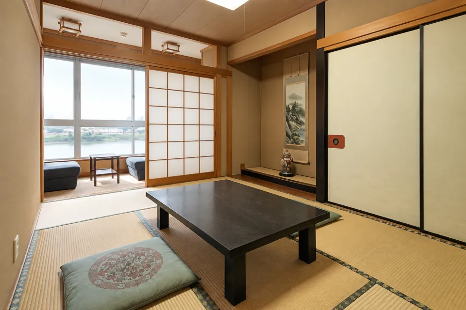 臨江館の床の間と障子のある和室
