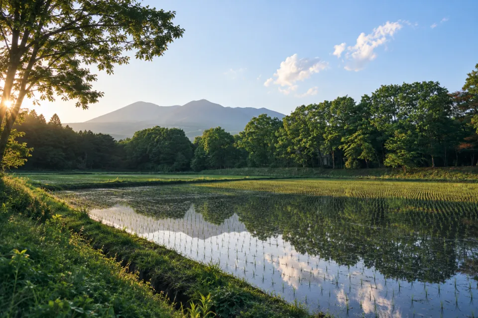 リゾナーレ那須の池越しに眺める森と山