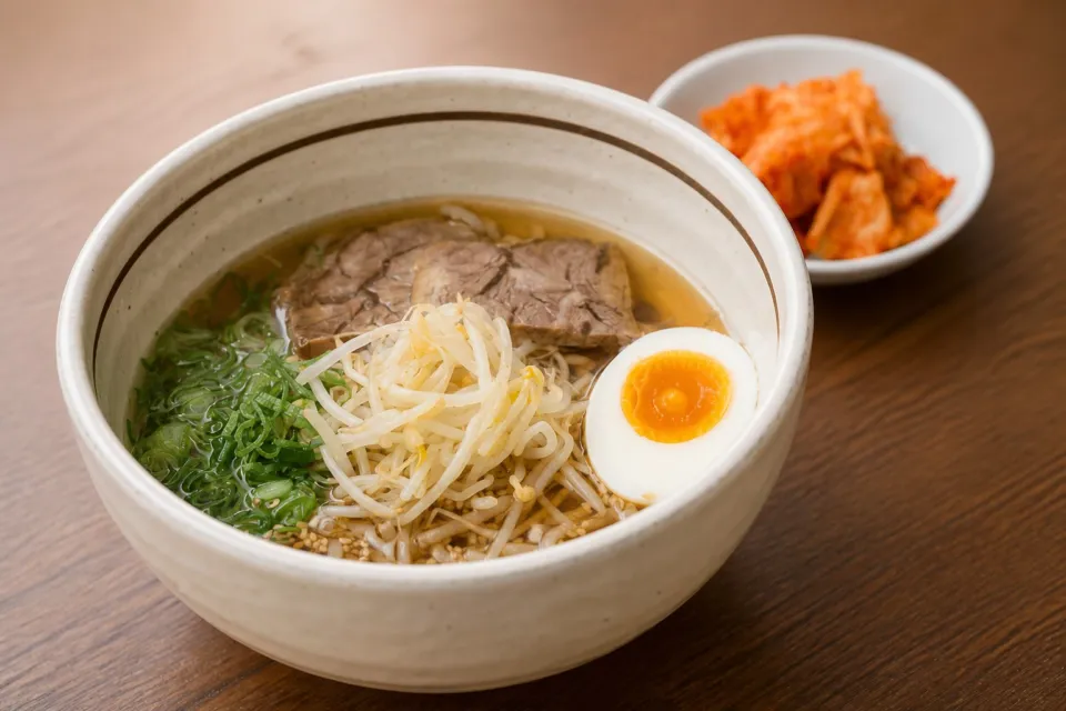 手のべ冷麺専門店 六盛 松原本店の温麺とキャベツキムチ