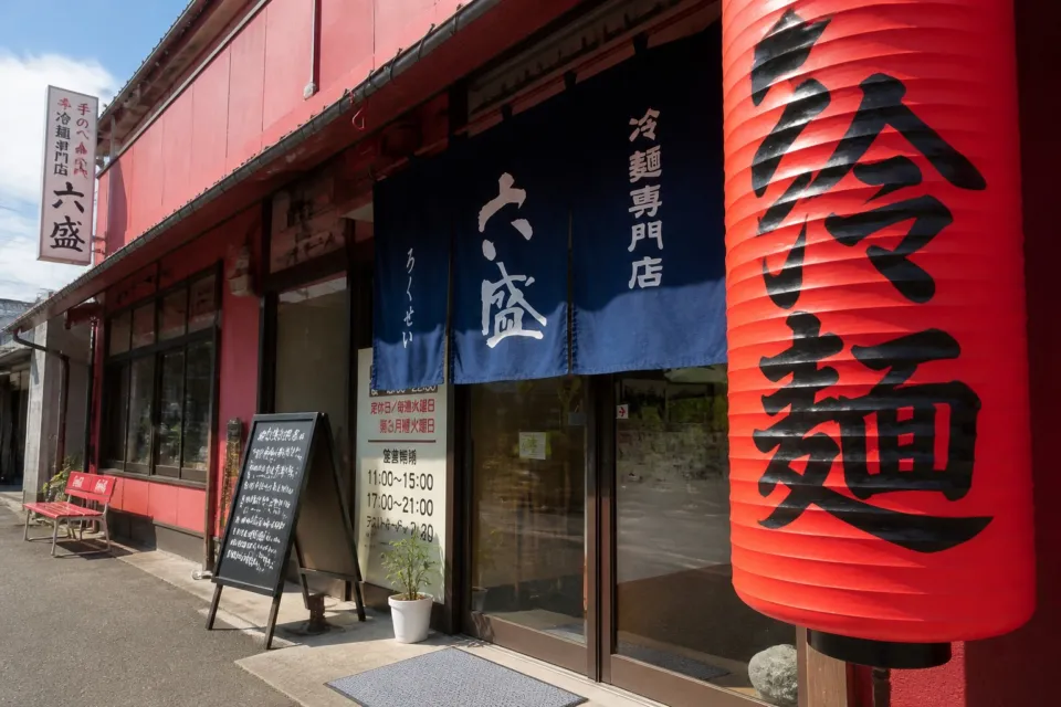 手のべ冷麺専門店 六盛 松原本店の暖簾と提灯