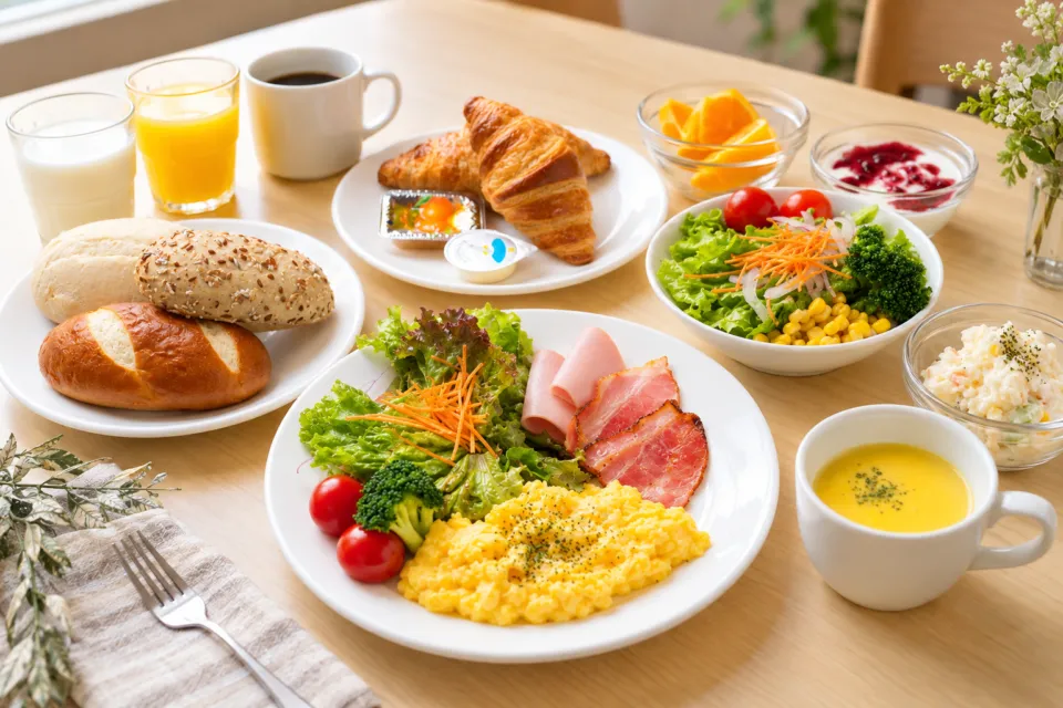 ホテルルートイン石巻中央のパンや卵料理を載せた洋朝食