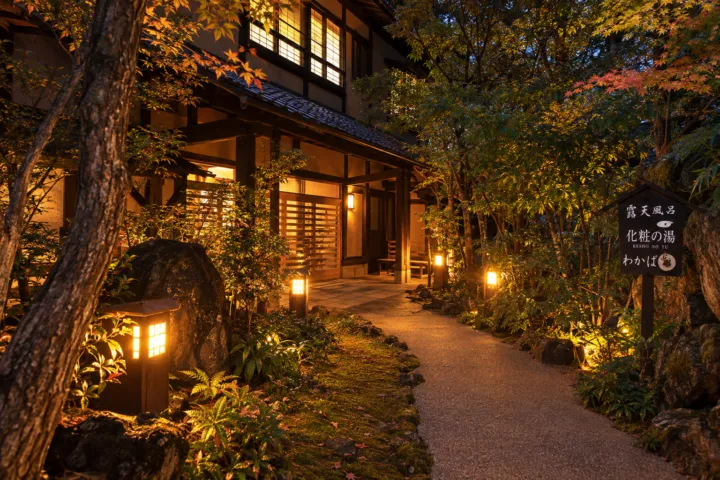 旅館わかばの夜の玄関と庭