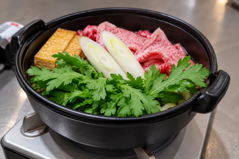 和風肉料理 佐五郎の牛肉と春菊・ねぎを盛り込んだすき鍋