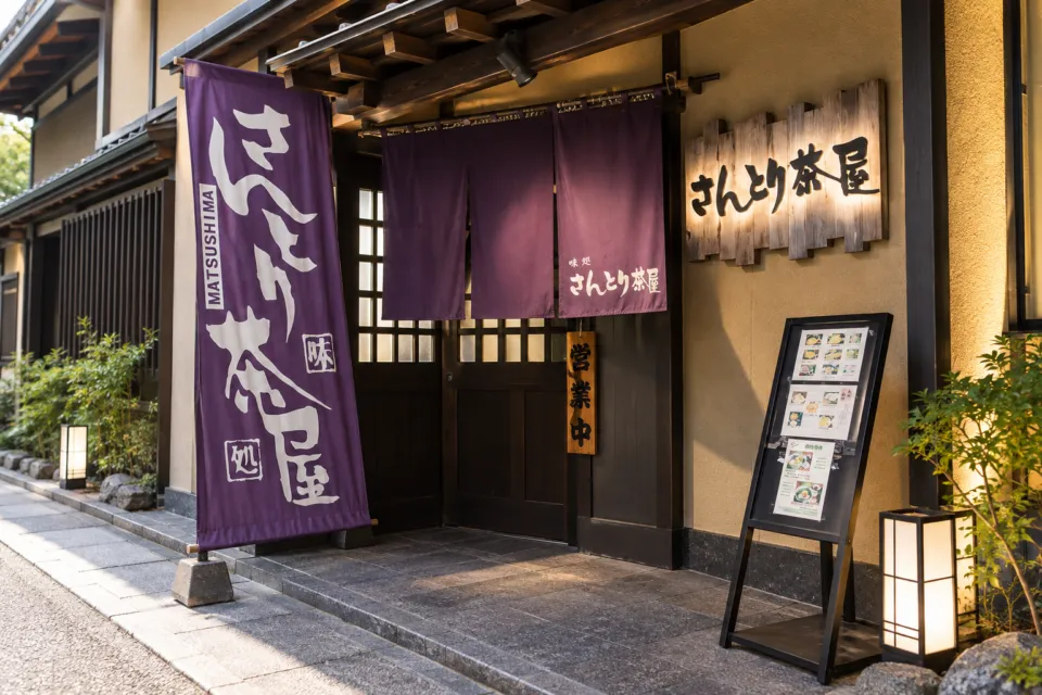 さんとり茶屋の店舗入口と暖簾