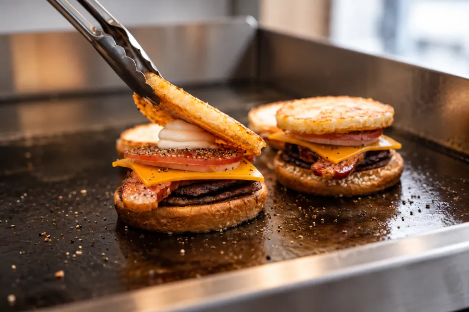Sasebo C&B Burgers 下京町店の鉄板で調理するバーガー