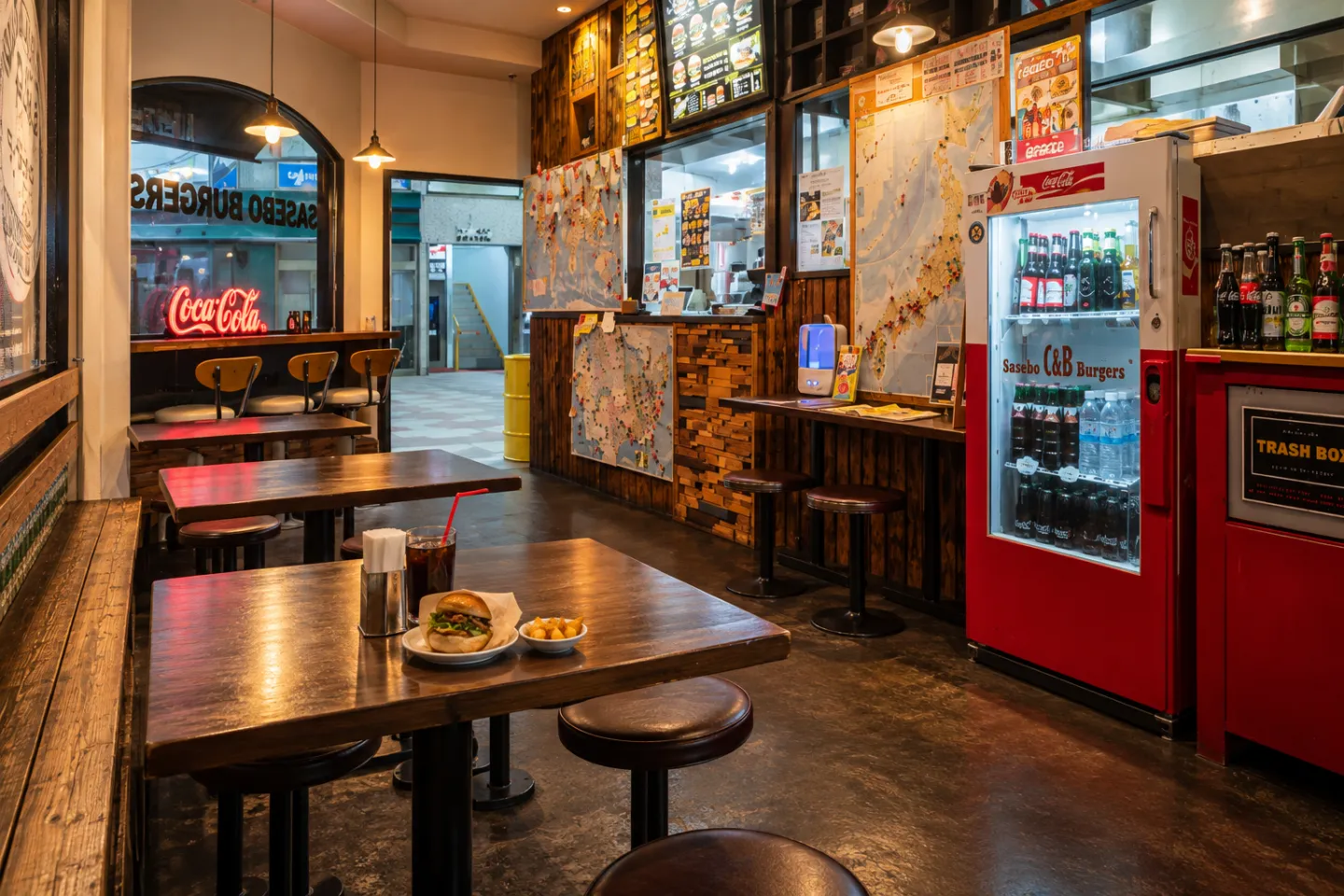 Sasebo C&B Burgers 下京町店のテーブル席と壁面装飾がある店内