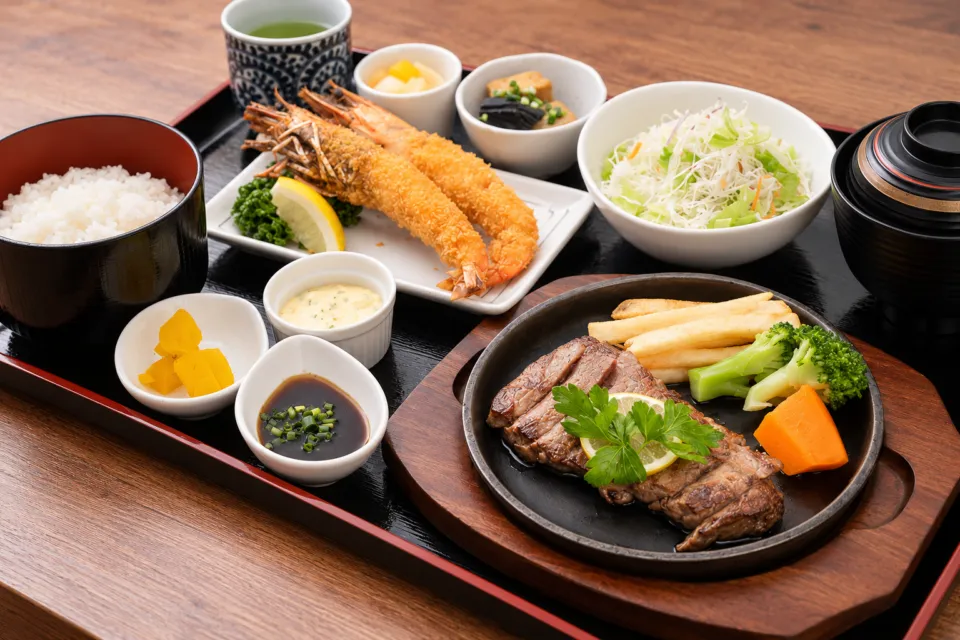 レストラン本陣のステーキとエビフライの定食
