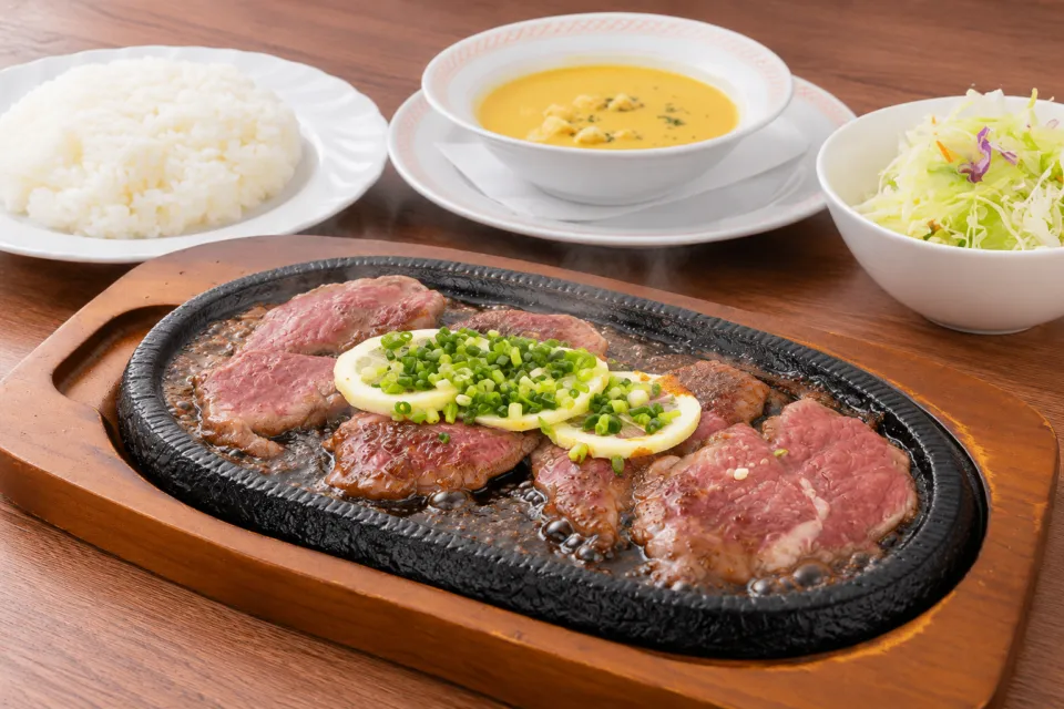 レストラン本陣のレモンを添えたステーキ