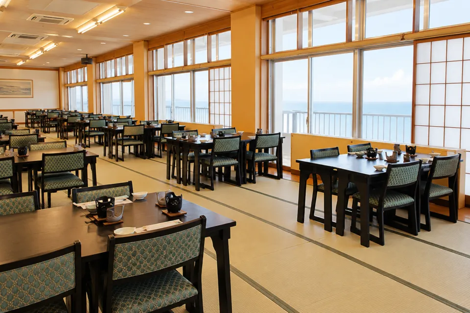 瀬波ビューホテルの椅子とテーブルを備えた食事会場