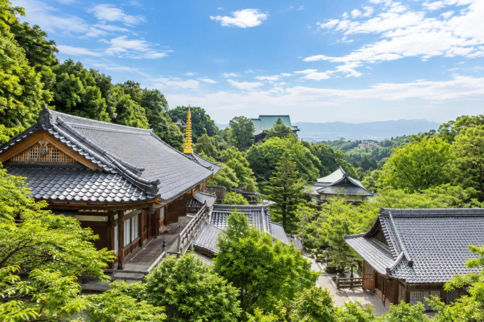 信貴山大本山 玉蔵院の瓦屋根と山の緑を見渡す眺望