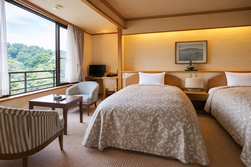 信貴山観光ホテルの西館401号室のベッド