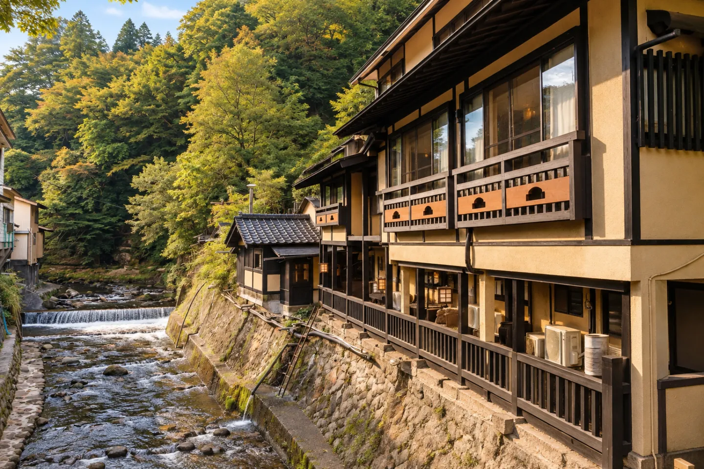 旅館 新明館の川沿いに立つ木造の外観
