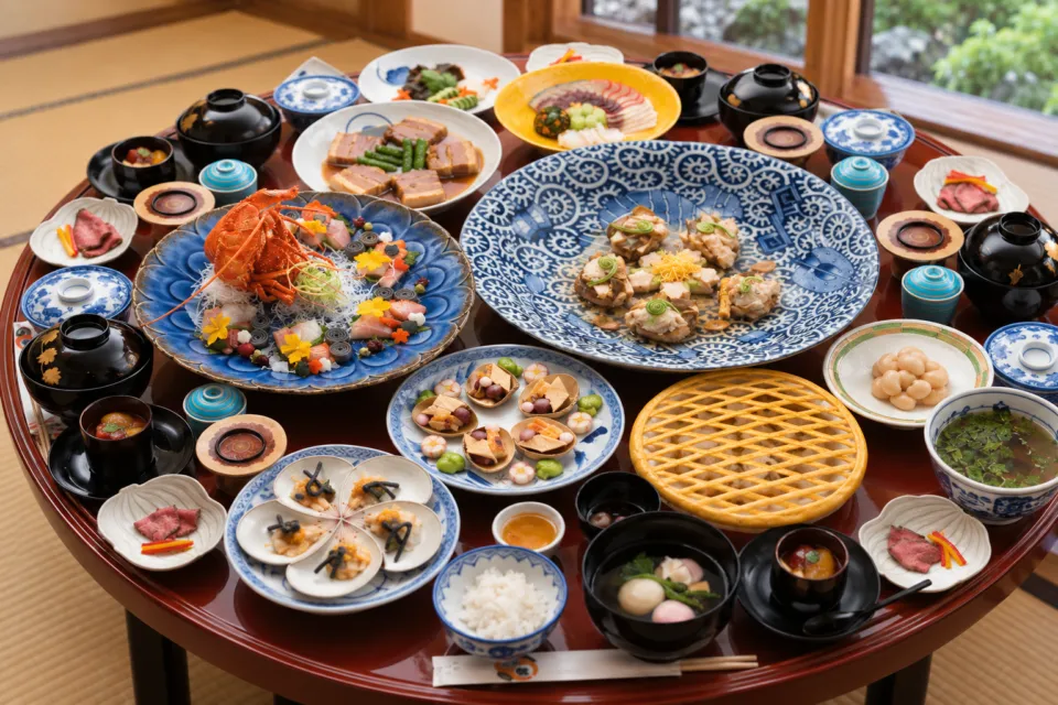 史跡料亭 花月の卓袱料理の大鉢を囲むコース全景