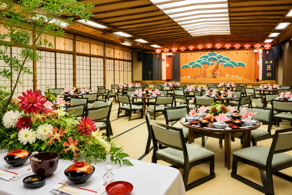 史跡料亭 花月の料理を整えた舞台付き大広間