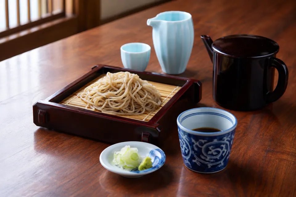 そば処庄司屋 本店のそばと淡い青色の酒器