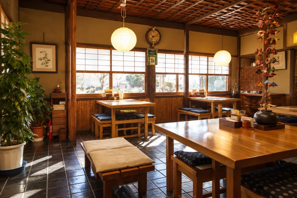 そば処庄司屋 本店の窓際のテーブルと座布団の席