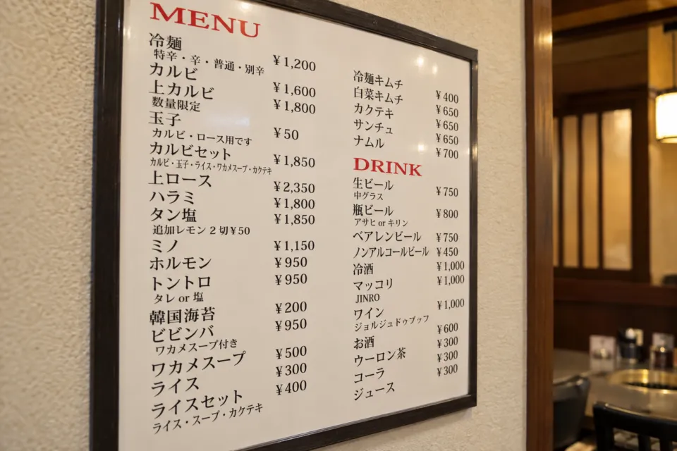 食道園の冷麺と焼肉と飲み物を案内するメニュー