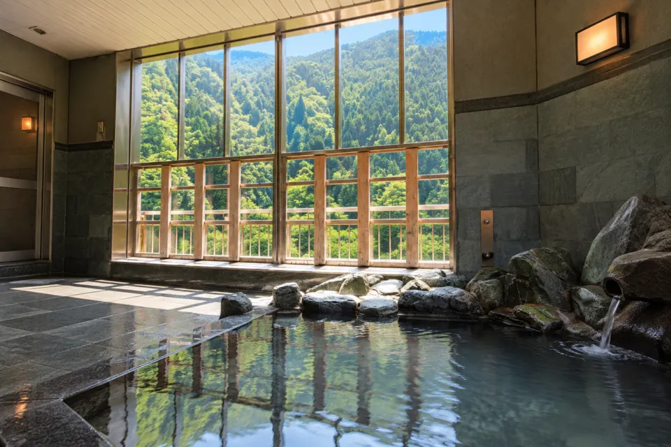 大歩危温泉 サンリバー大歩危の山の緑を望む展望温泉の岩風呂