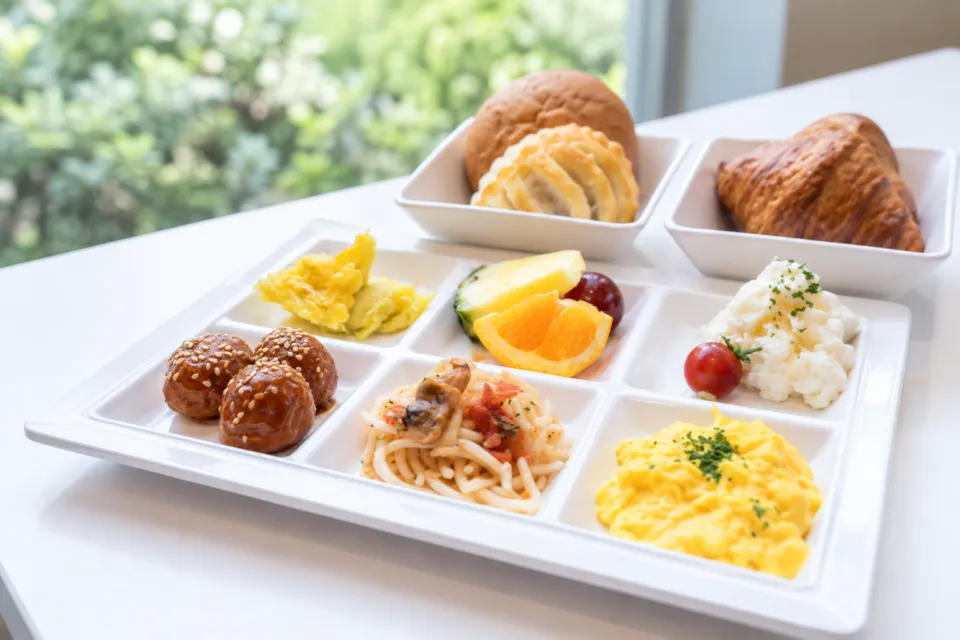 スーパーホテル埼玉・川越のパンと料理を盛り付けた朝食