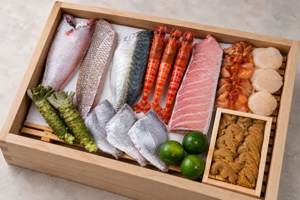 鮓 希凛の木箱に並べられた魚介と薬味