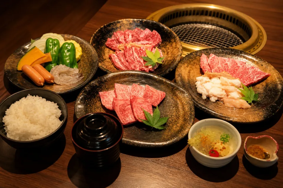 高千穂牛レストラン和(なごみ)の高千穂牛焼肉コースの肉と食事