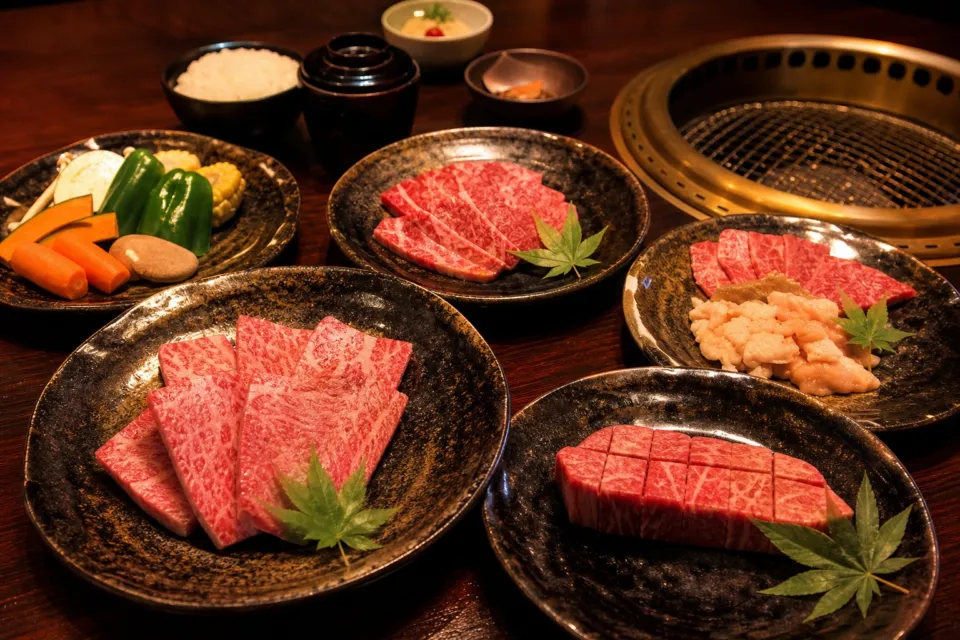 高千穂牛レストラン和(なごみ)の高千穂牛焼肉コースの多彩な盛り合わせ