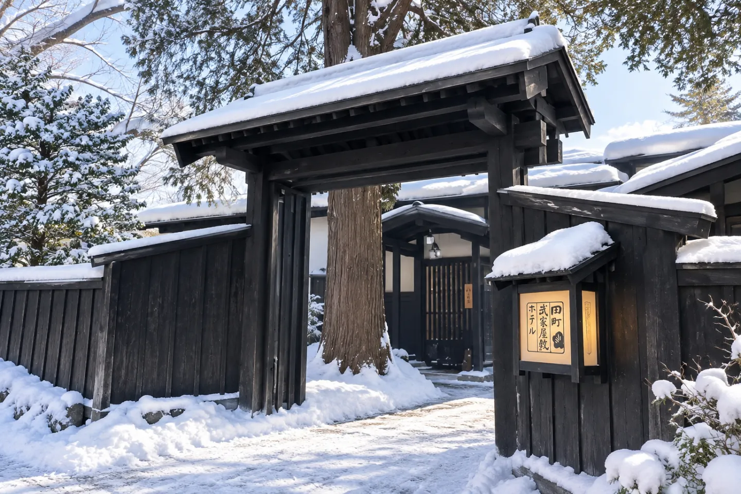 田町武家屋敷ホテルの雪景色の正面門