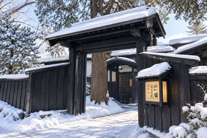 田町武家屋敷ホテルの雪景色の正面門