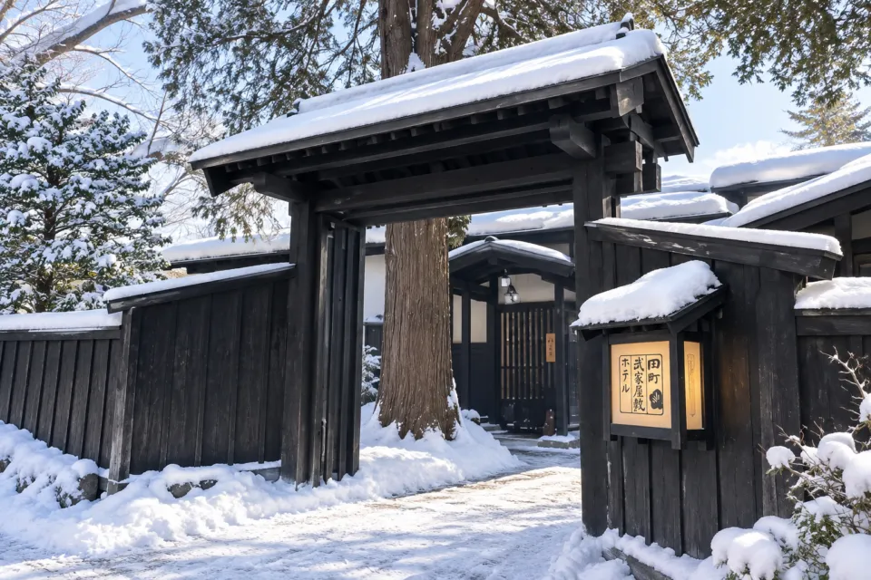 田町武家屋敷ホテルの雪景色の正面門