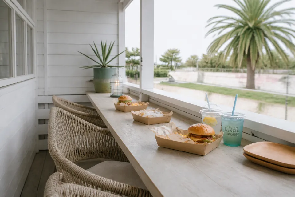 The BEACH BURGER HOUSEの大きな窓に面した明るいカウンター席