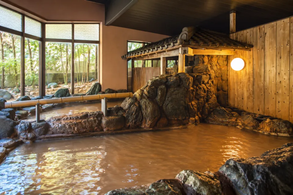 陶泉 御所坊の木造の屋内湯と金泉