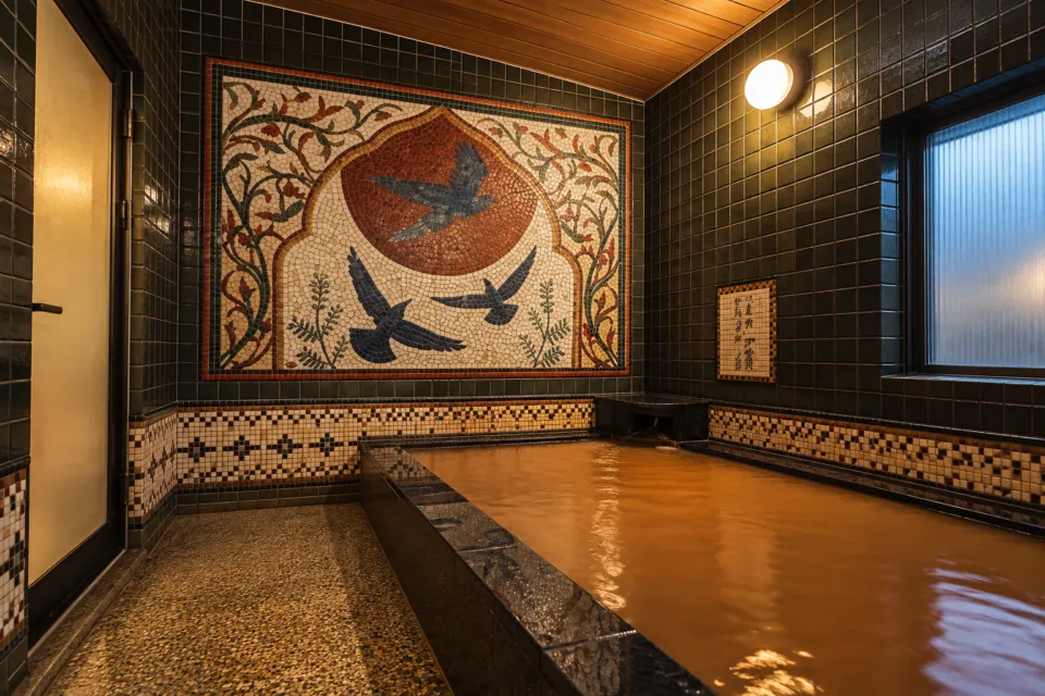 陶泉 御所坊の湯屋松風の浴槽と壁画