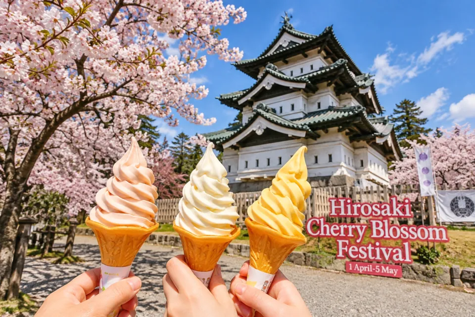 お食事処 旨米屋の弘前城を背景にした三色ソフトクリーム