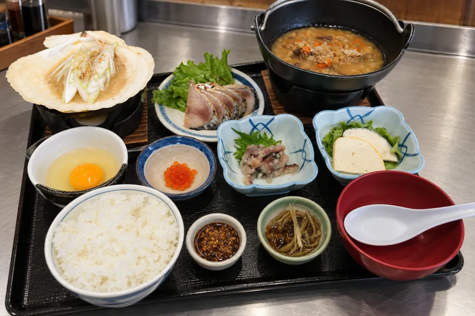 お食事処 旨米屋の貝焼きやけの汁を盛り合わせた津軽料理